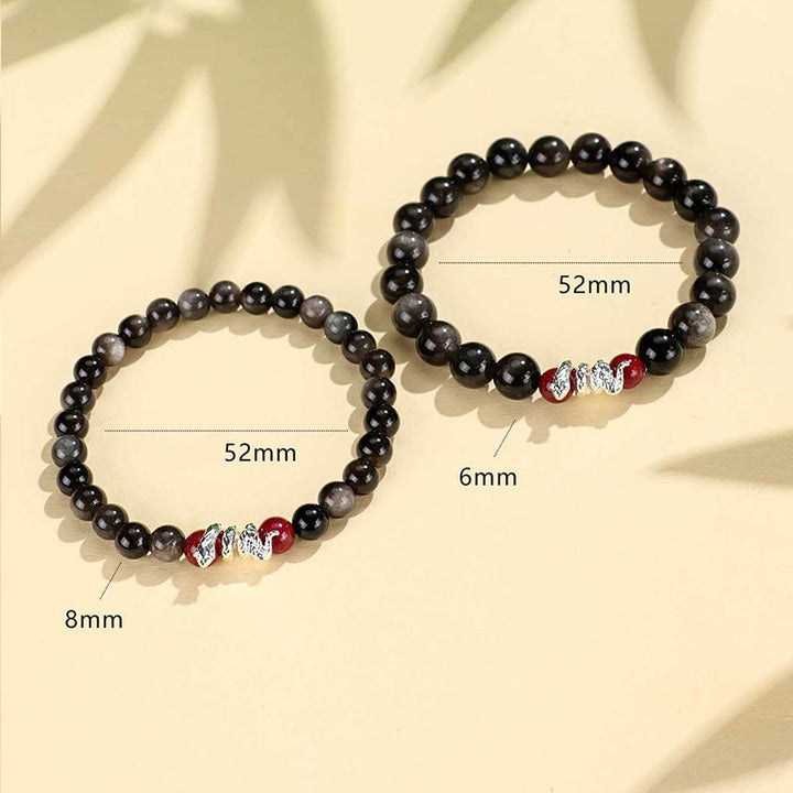 Buddha Stones Silver Sheen Obsidian Cinnabar Copper Year of the Snake Protection Bracelet