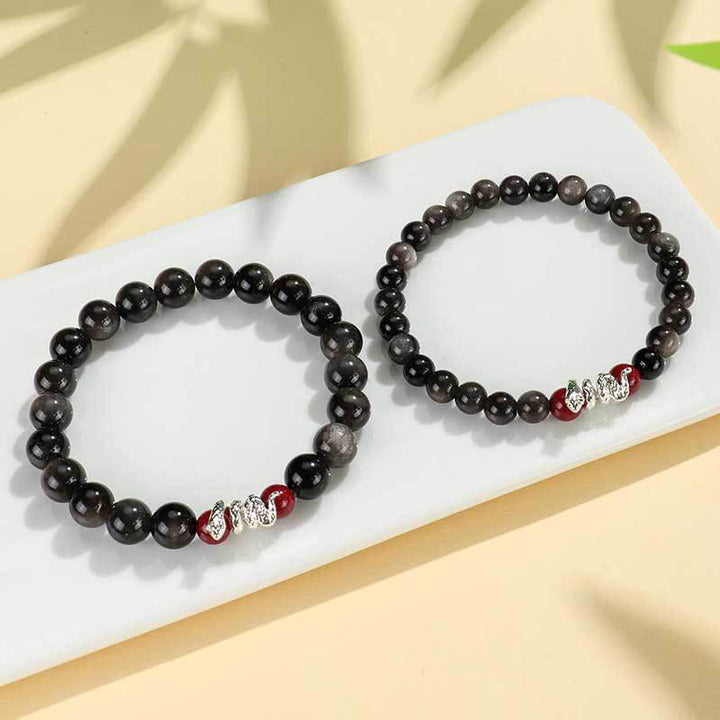 Buddha Stones Silver Sheen Obsidian Cinnabar Copper Year of the Snake Protection Bracelet