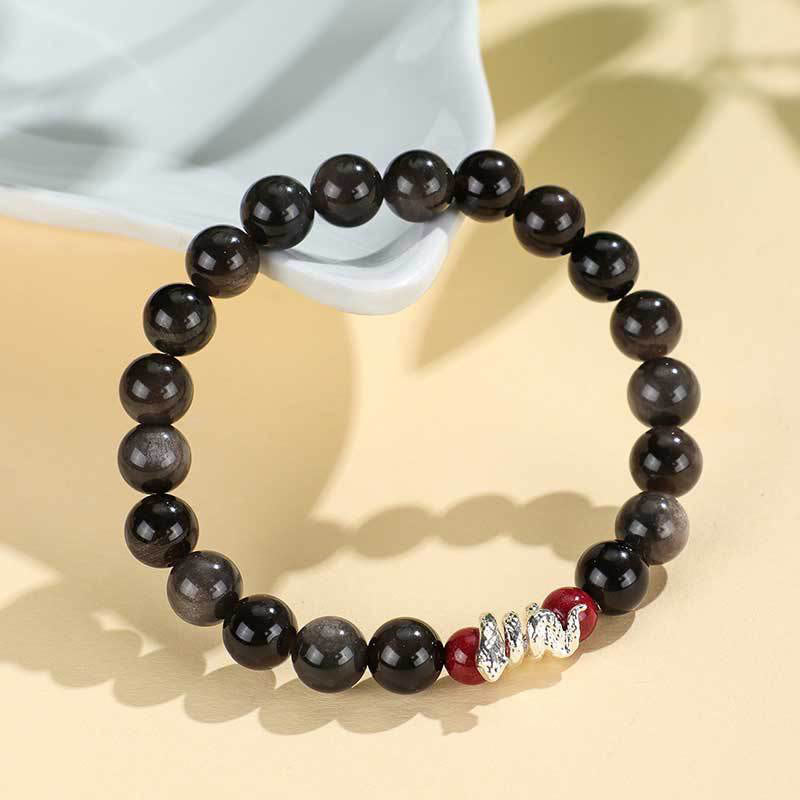 Buddha Stones Silver Sheen Obsidian Cinnabar Copper Year of the Snake Protection Bracelet