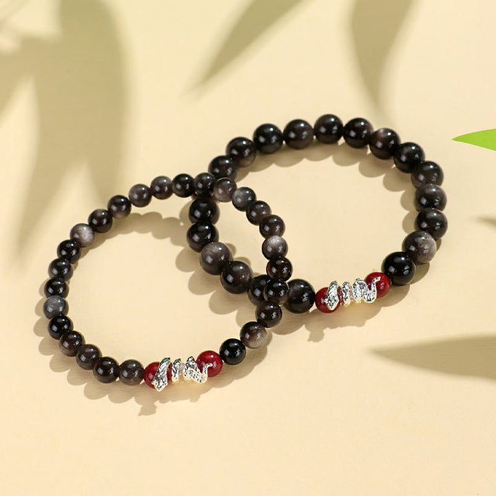 Buddha Stones Silver Sheen Obsidian Cinnabar Copper Year of the Snake Protection Bracelet