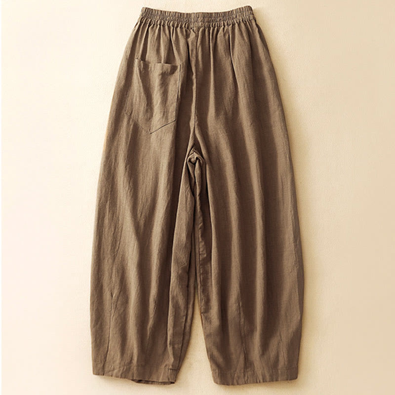 Buddha Stones Plain Color Carrot Type Elastic Waistband Cotton Linen Women's Pants With Pockets - image 1