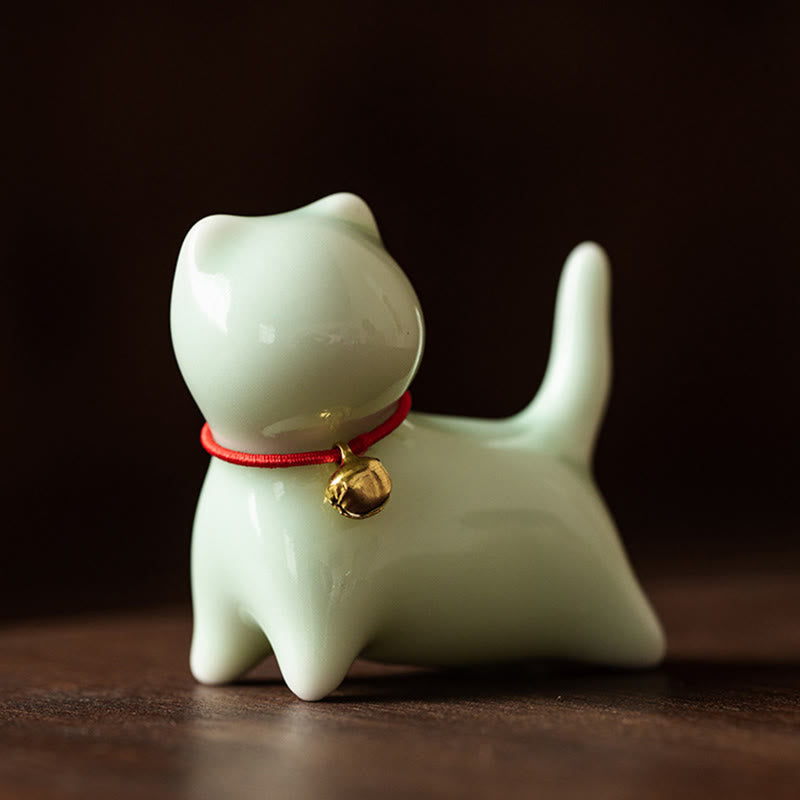 Buddha Stones Mini Cute Standing Lying Cat Tea Pet Ceramic Home Desk Figurine Decoration - Standing Cat 5*2.5*4.5cm - Green - image 2