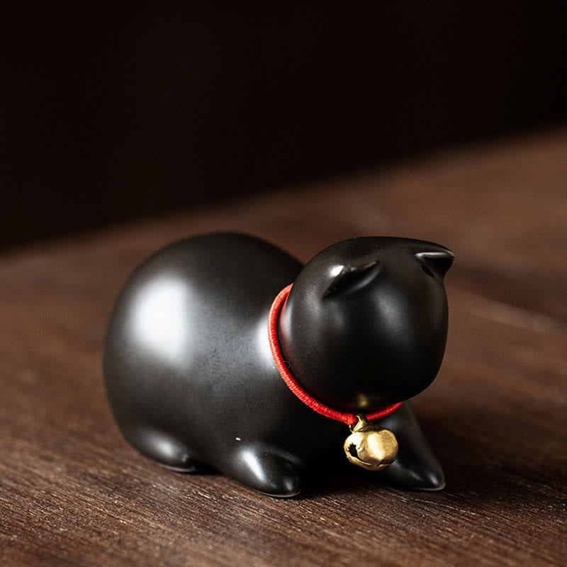 Buddha Stones Mini Cute Standing Lying Cat Tea Pet Ceramic Home Desk Figurine Decoration - Lying Cat 5*3*3cm - Black - image 24