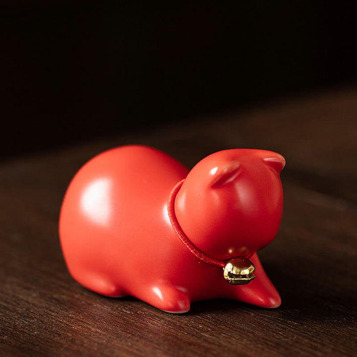 Buddha Stones Mini Cute Standing Lying Cat Tea Pet Ceramic Home Desk Figurine Decoration - Lying Cat 5*3*3cm - Red - image 23