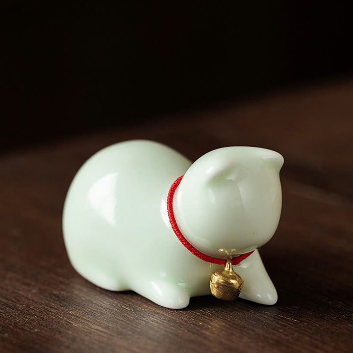 Buddha Stones Mini Cute Standing Lying Cat Tea Pet Ceramic Home Desk Figurine Decoration - Lying Cat 5*3*3cm - Green - image 17