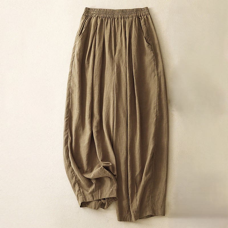 Buddha Stones Plain Color Carrot Type Elastic Waistband Cotton Linen Women's Pants With Pockets - DarkGoldenrod - US8-10，UK/AU12-14，EU40-42 (2XL) - image 0