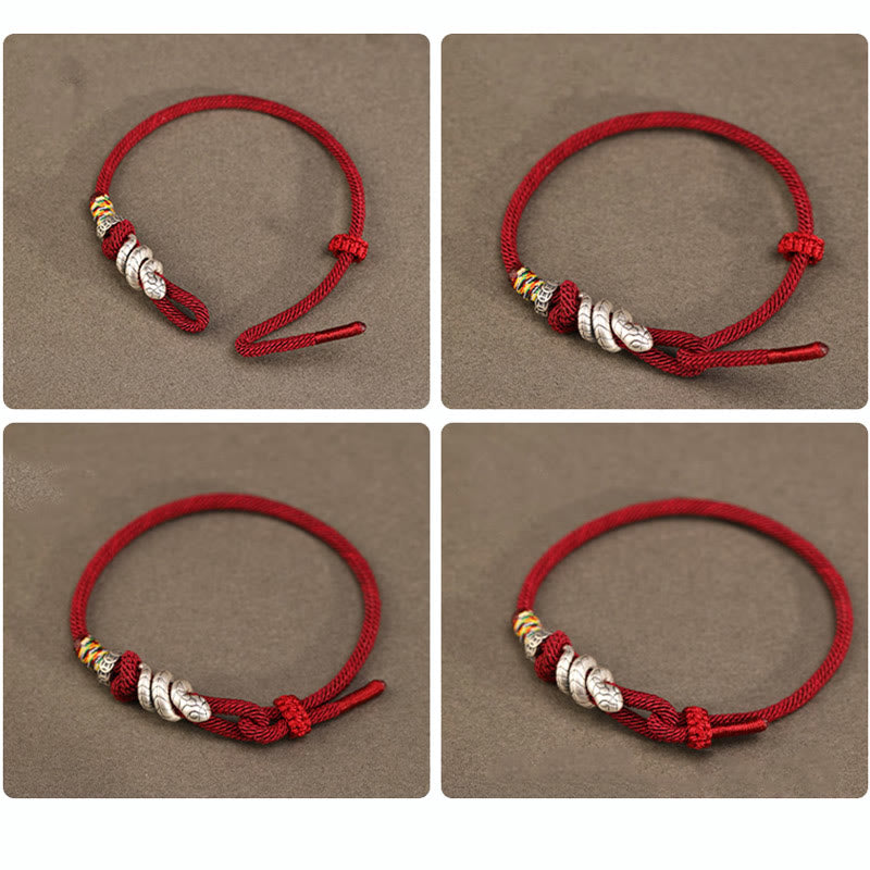 Buddha Stones Red String 999 Sterling Silver Peace Buckle Coin Year of the Snake Strength Bracelet