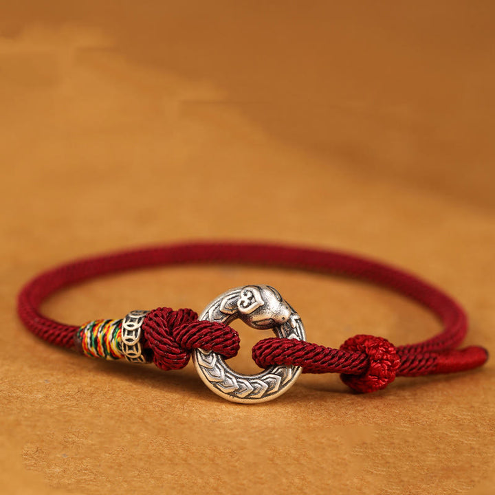 Buddha Stones Red String 999 Sterling Silver Peace Buckle Coin Year of the Snake Strength Bracelet