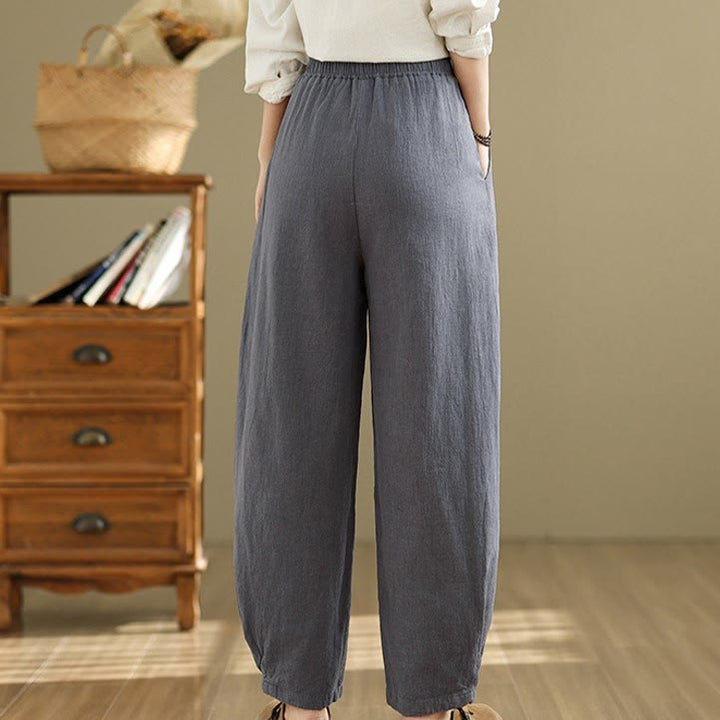 Buddha Stones Casual Solid Color Tapered Elastic Waistband Cotton Linen Women's Pants With Pockets