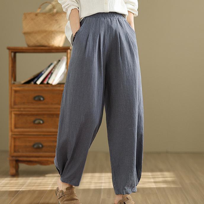 Buddha Stones Casual Solid Color Tapered Elastic Waistband Cotton Linen Women's Pants With Pockets