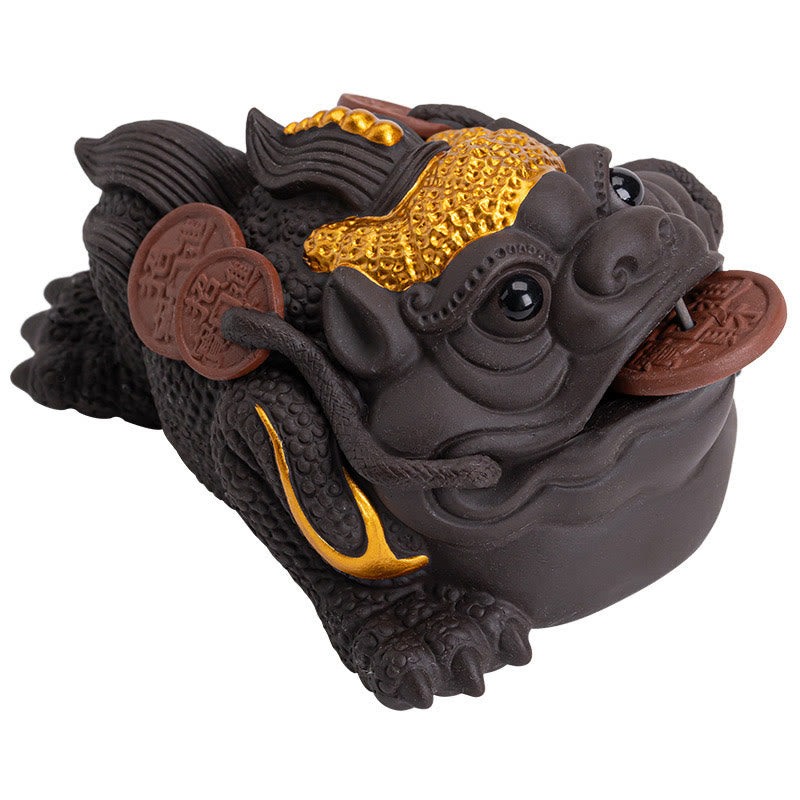 Buddha Stones Feng Shui Frog Toad Copper Coins Ceramic Purple Clay Wealth Home Tea Pet Figurine Decoration