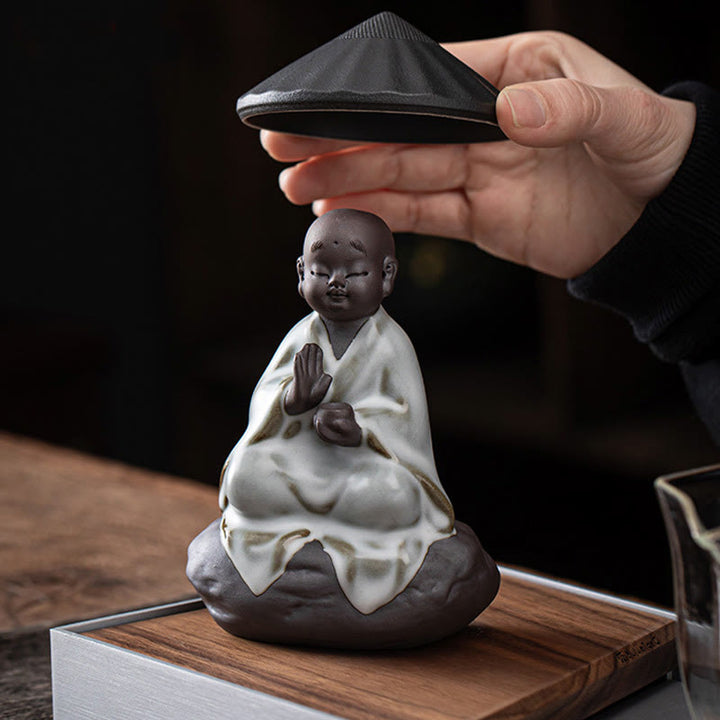 Buddha Stones Little Zen Monk Hat Strainer Ceramic Tea Accessories Figurine Home Decoration