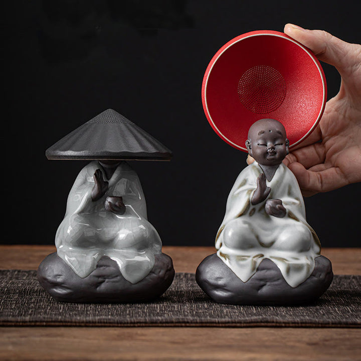 Buddha Stones Little Zen Monk Hat Strainer Ceramic Tea Accessories Figurine Home Decoration