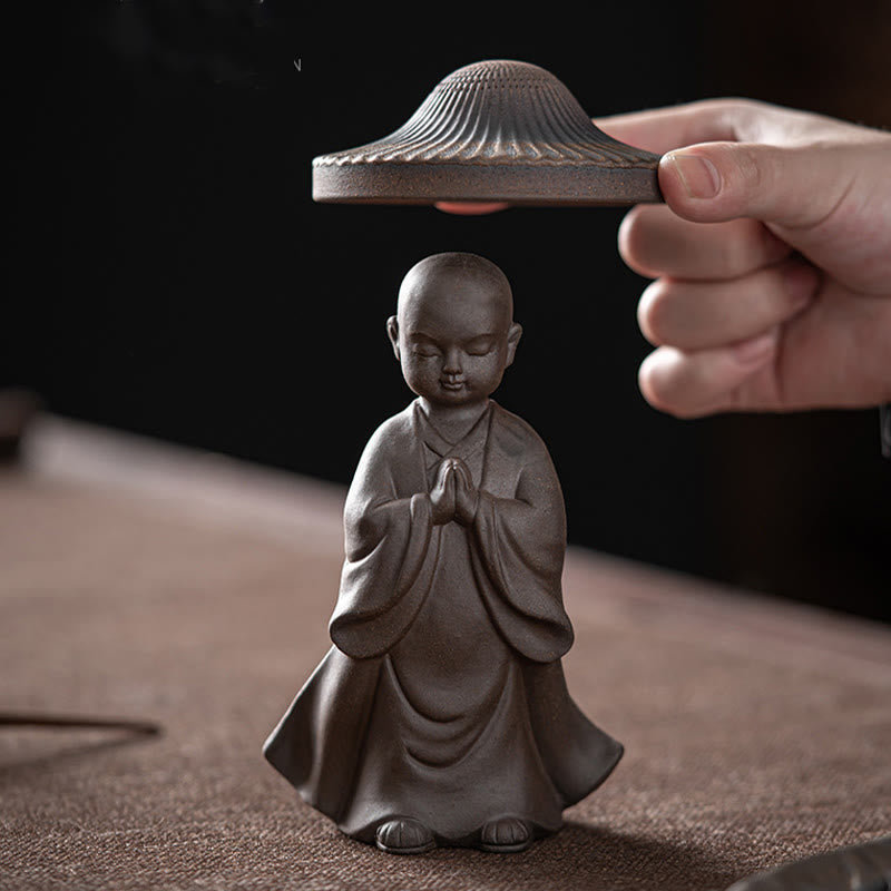 Buddha Stones Little Brown Monk Hat Strainer Ceramic Tea Accessories Figurine Zen Home Desk Decoration