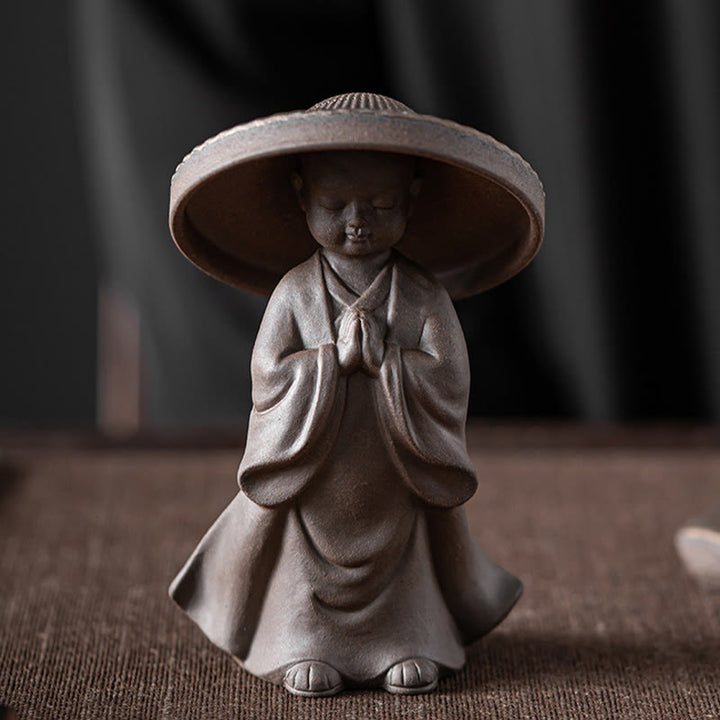 Buddha Stones Little Brown Monk Hat Strainer Ceramic Tea Accessories Figurine Zen Home Desk Decoration