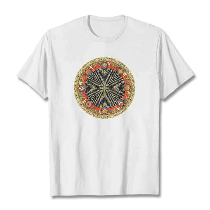 Buddha Stones Circular Om Mani Padme Hum Eight Auspicious Symbols Cotton Tee T-shirt - White - 2XL - image 11