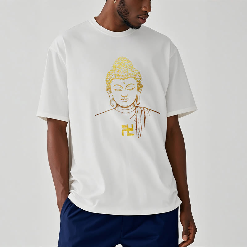 Buddha Stones Swastika Pattern Golden Buddha Cotton Tee T-shirt