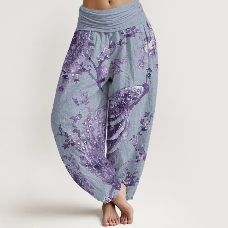 Buddha Stones Casual Peacock Perched On Branch Petals Women's Elastic Waist Harem Pants