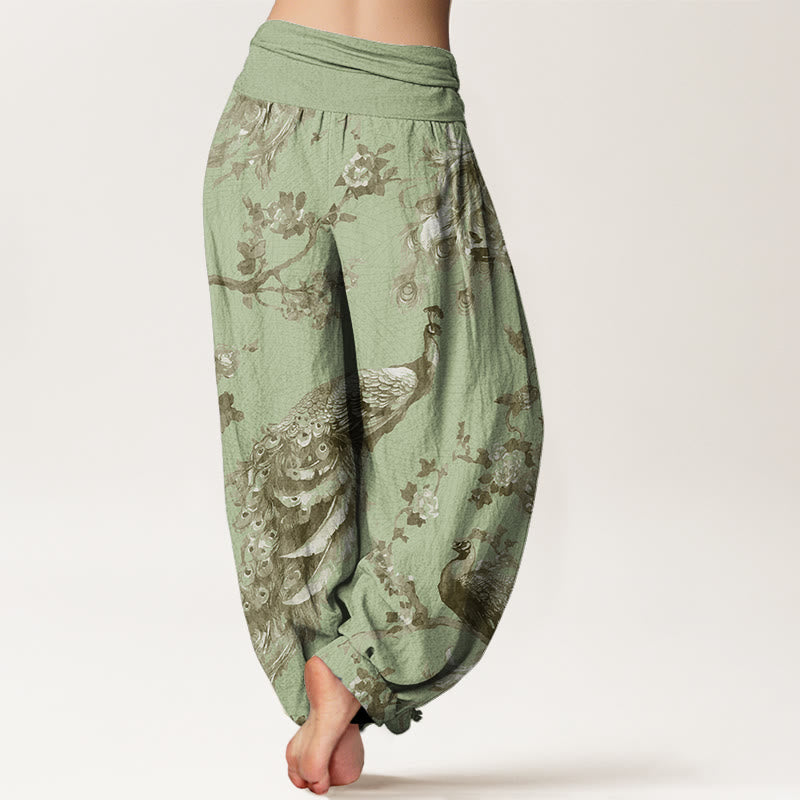 Buddha Stones Casual Peacock Perched On Branch Petals Women's Elastic Waist Harem Pants