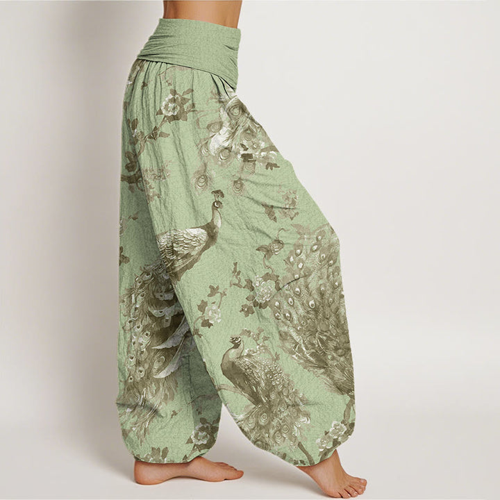 Buddha Stones Casual Peacock Perched On Branch Petals Women's Elastic Waist Harem Pants