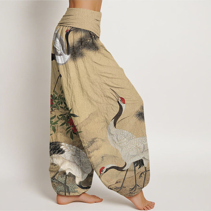 Buddha Stones Cotton Casual Red-crowned Crane Pine Tree Mountain Women's Elastic Waist Harem Pants - image 1