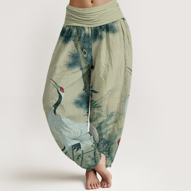 Buddha Stones Casual Red-crowned Crane Pine Tree Mountain Women's Elastic Waist Harem Pants - DarkSeaGreen - US22，UK/AU26，EU54 (6XL) - image 4