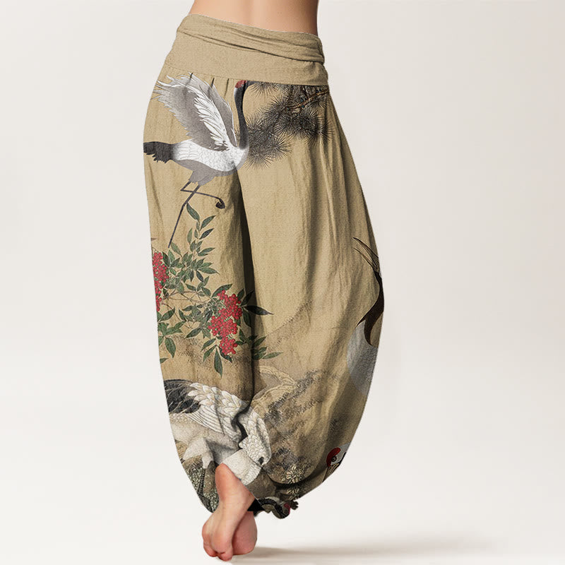 Buddha Stones Casual Red-crowned Crane Pine Tree Mountain Women's Elastic Waist Harem Pants - image 2