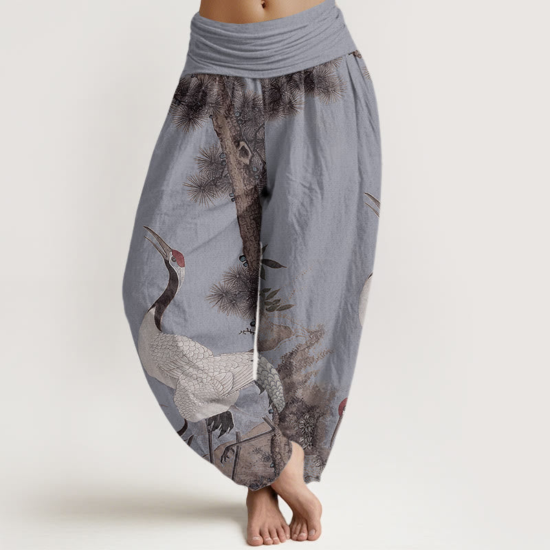 Buddha Stones Cotton Casual Red-crowned Crane Pine Tree Mountain Women's Elastic Waist Harem Pants - LightSteelBlue - US22，UK/AU26，EU54 (6XL) - image 7