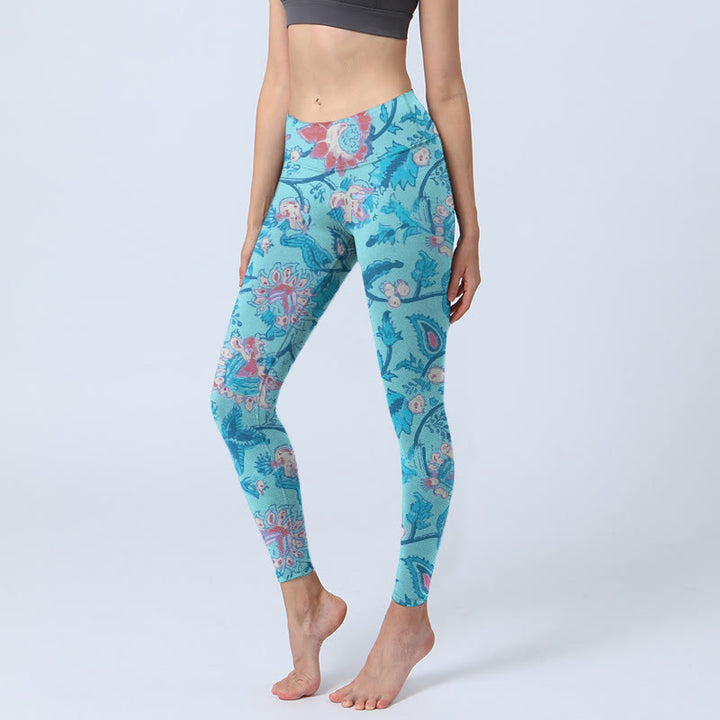 Buddha Stones Blue Red Flowers Leaves Print Gym Leggings Women's Yoga Pants - SkyBlue - US18，UK/AU22，EU50 (4XL) - image 0