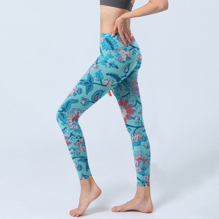 Buddha Stones Blue Red Flowers Leaves Print Gym Leggings Women's Yoga Pants - image 2