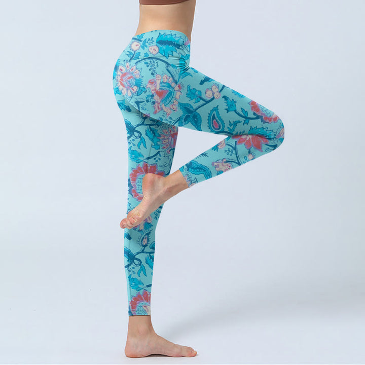 Buddha Stones Blue Red Flowers Leaves Print Gym Leggings Women's Yoga Pants - image 3