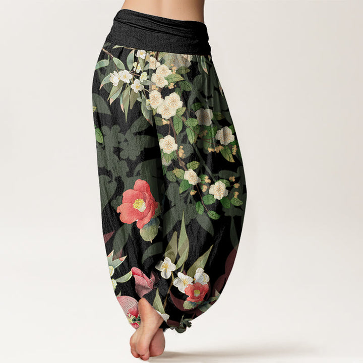 Buddha Stones Vibrant Blooming Lotus Flower Lush Branches Women's Elastic Waist Harem Pants