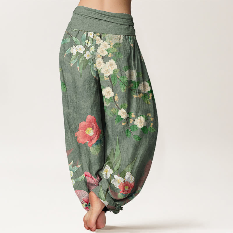 Buddha Stones Vibrant Blooming Lotus Flower Lush Branches Women's Elastic Waist Harem Pants