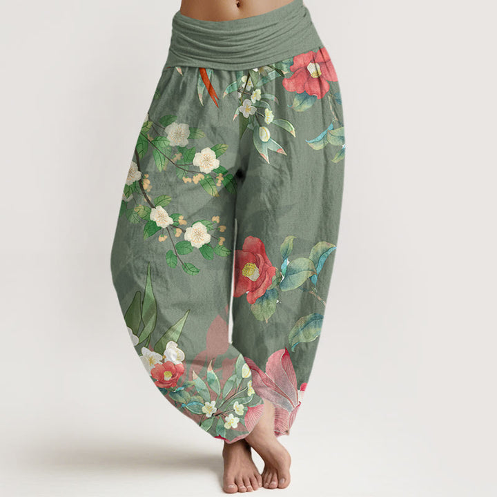 Buddha Stones Vibrant Blooming Lotus Flower Lush Branches Women's Elastic Waist Harem Pants