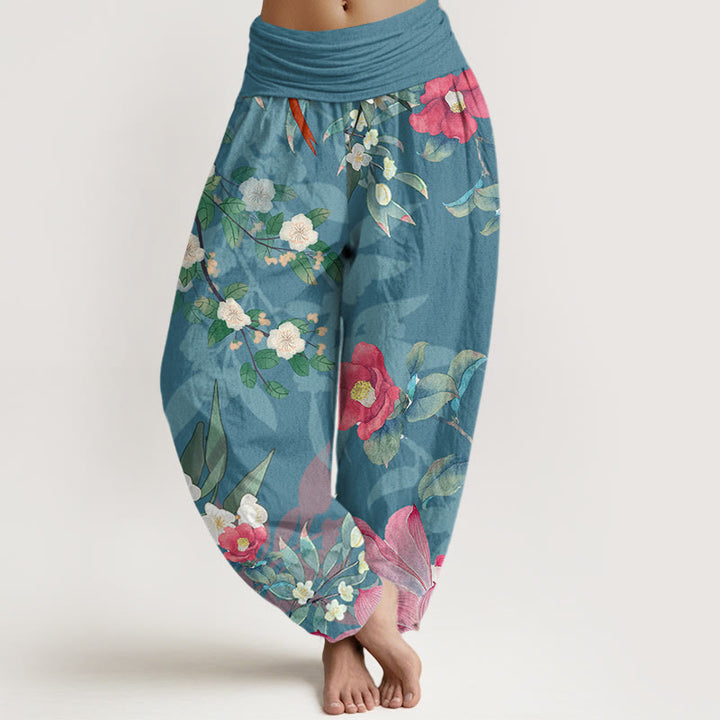 Buddha Stones Vibrant Blooming Lotus Flower Lush Branches Women's Elastic Waist Harem Pants