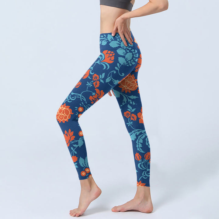 Buddha Stones Steel Blue Red Tulips Flowers Leaves Print Gym Leggings Women's Yoga Pants - image 2