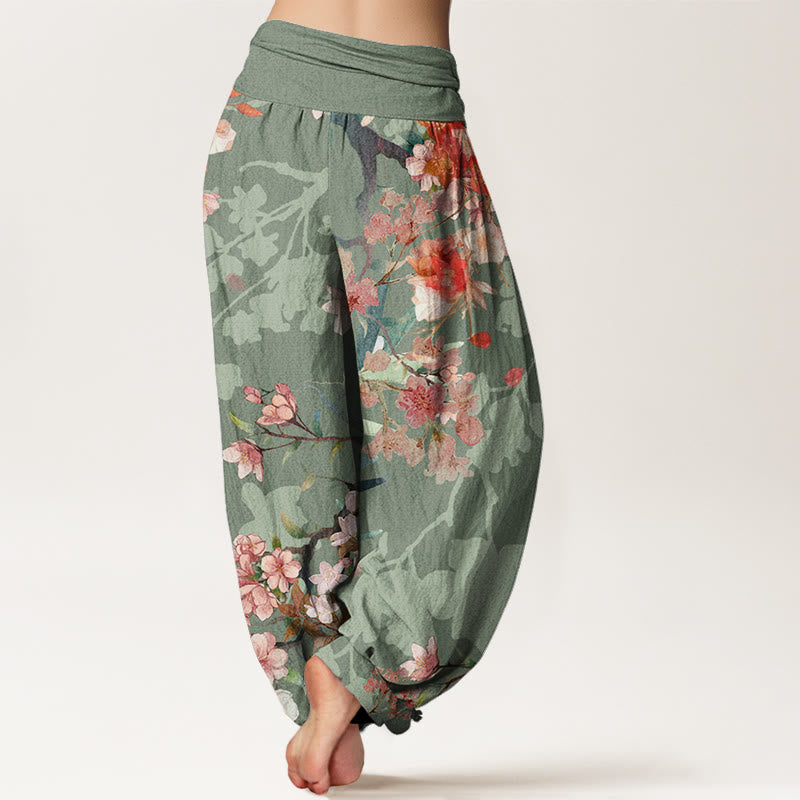 Buddha Stones Red Pink Blooming Flowers Lush Branches Women's Elastic Waist Harem Pants - image 3