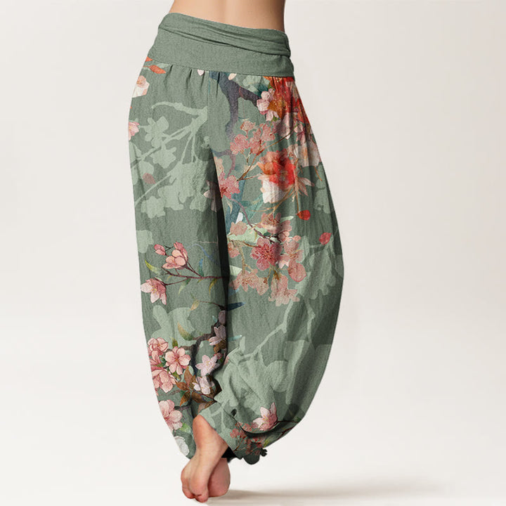 Buddha Stones Red Pink Blooming Flowers Lush Branches Women's Elastic Waist Harem Pants - image 3