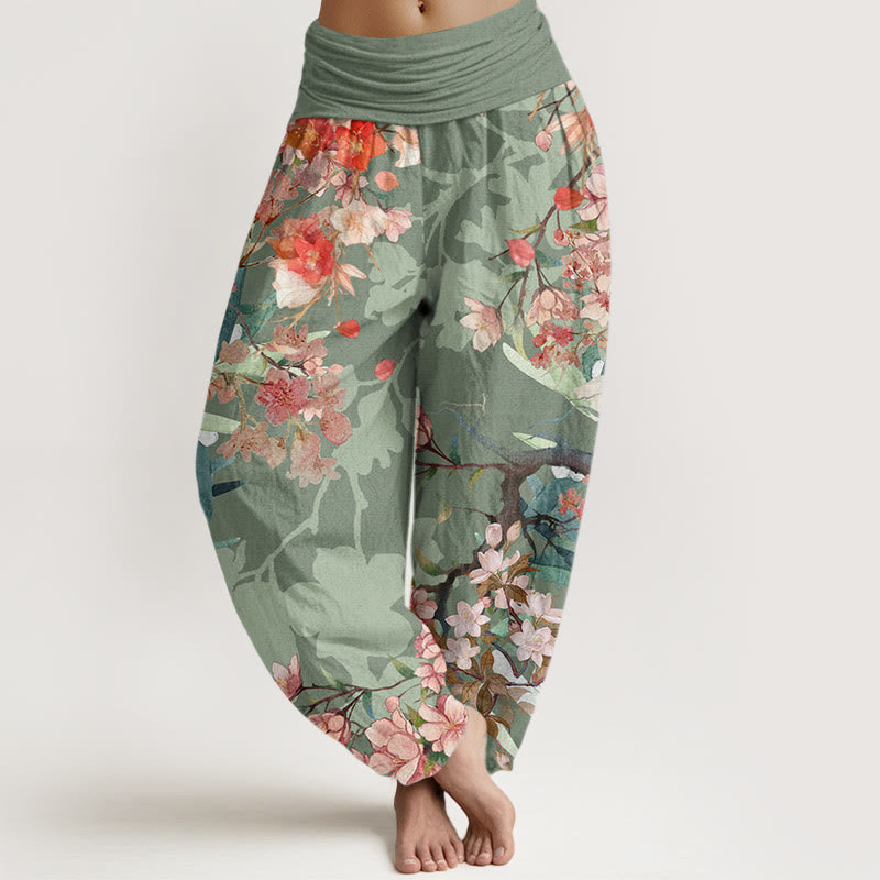 Buddha Stones Red Pink Blooming Flowers Lush Branches Women's Elastic Waist Harem Pants - DarkSeaGreen - US22，UK/AU26，EU54 (6XL) - image 0