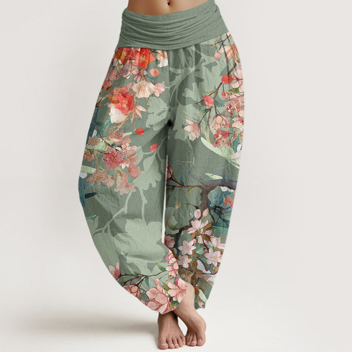 Buddha Stones Red Pink Blooming Flowers Lush Branches Women's Elastic Waist Harem Pants - DarkSeaGreen - US22，UK/AU26，EU54 (6XL) - image 0
