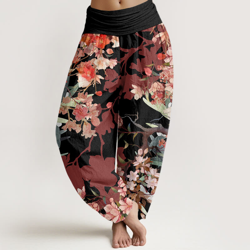 Buddha Stones Cotton Red Pink Blooming Flowers Lush Branches Women's Elastic Waist Harem Pants - Black - US22，UK/AU26，EU54 (6XL) - image 4