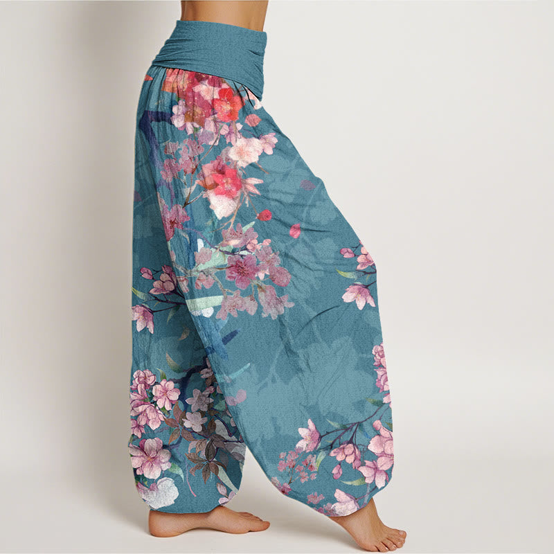 Buddha Stones Red Pink Blooming Flowers Lush Branches Women's Elastic Waist Harem Pants - image 8