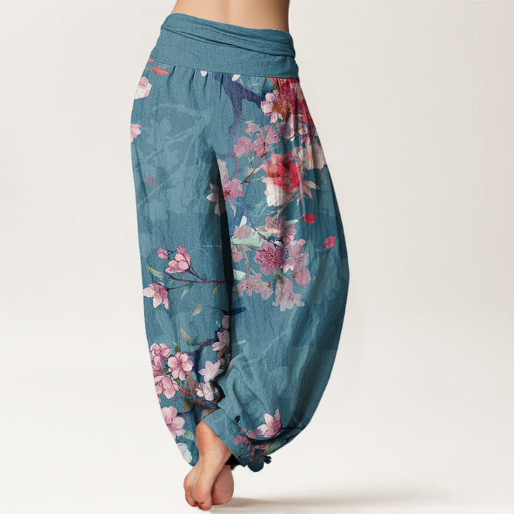 Buddha Stones Red Pink Blooming Flowers Lush Branches Women's Elastic Waist Harem Pants - image 10