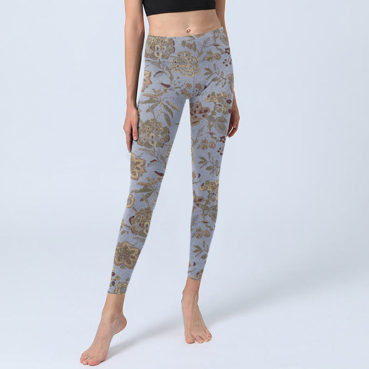 Buddha Stones Grey Green Leaves Flowers Print Gym Leggings Women's Yoga Pants - image 5