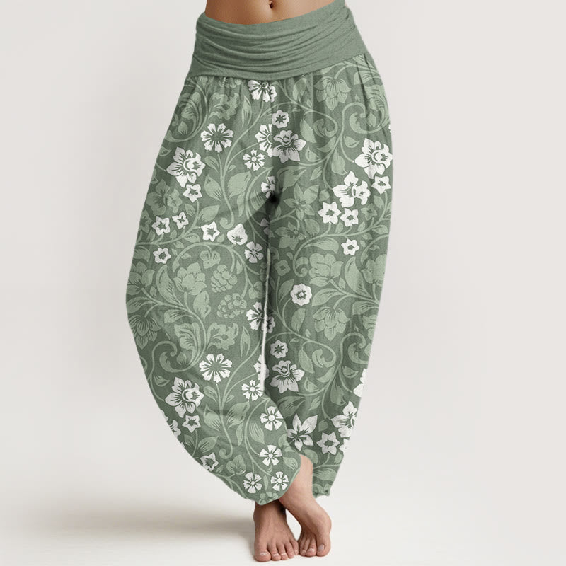 Buddha Stones Cotton Small Flowers Intertwining Branches Women's Elastic Waist Harem Pants - DarkSeaGreen - US22，UK/AU26，EU54 (6XL) - image 0