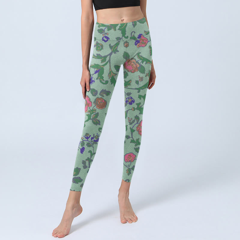 Buddha Stones Green Red Roses Green Leaves Print Gym Leggings Women's Yoga Pants - image 5