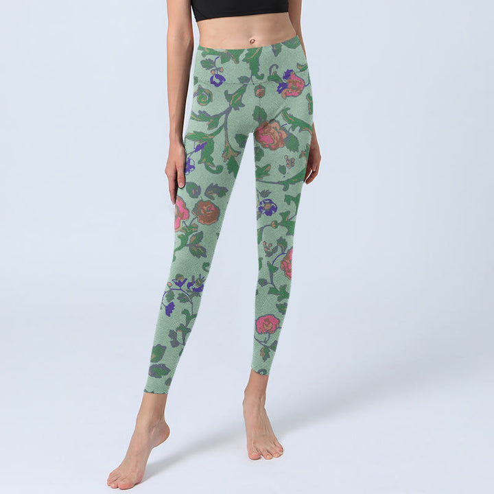 Buddha Stones Green Red Roses Green Leaves Print Gym Leggings Women's Yoga Pants - image 5