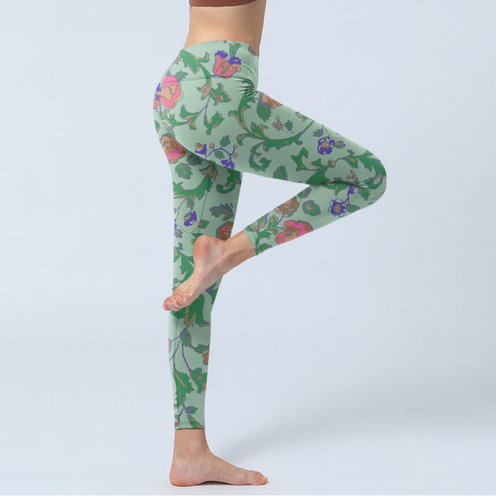 Buddha Stones Green Red Roses Green Leaves Print Gym Leggings Women's Yoga Pants - image 3
