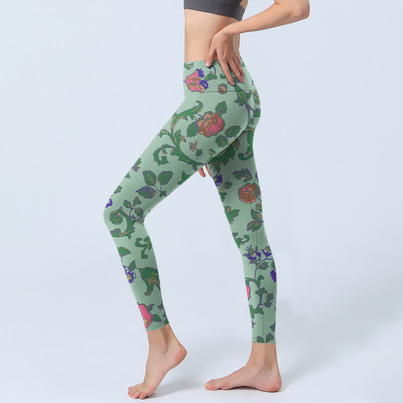 Buddha Stones Green Red Roses Green Leaves Print Gym Leggings Women's Yoga Pants
