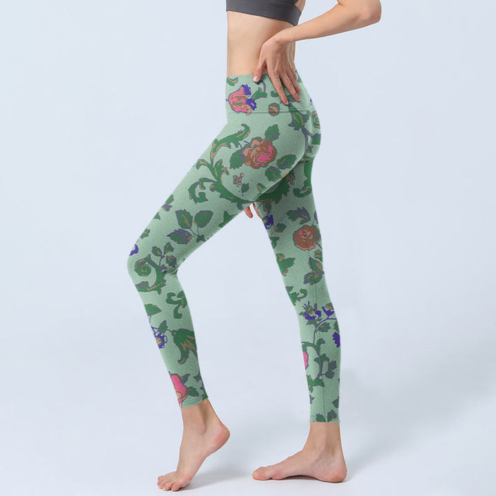 Buddha Stones Green Red Roses Green Leaves Print Gym Leggings Women's Yoga Pants